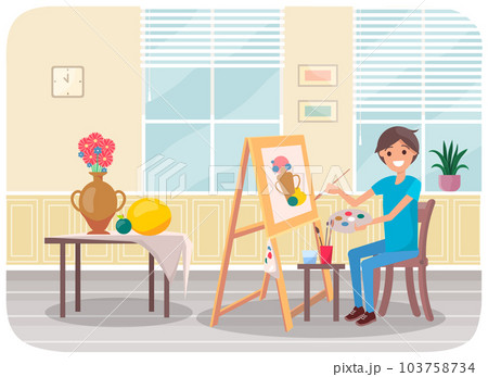 Man draws with brush and palette in his hands. Artist draws vase of flowers, plum and melon Man draws with brush and palette in his hands. Artist draws vase of flowers, plum and melon 103758734