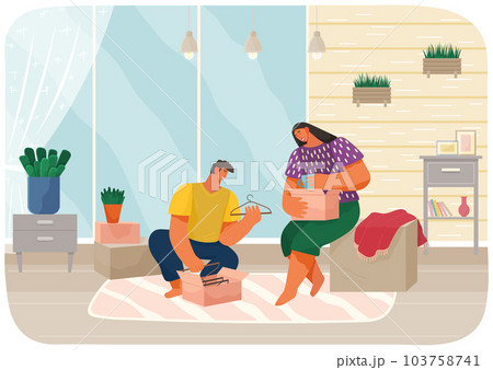 Couple moving to new house or apartment. Man and woman packing their stuff in cardboard boxes 103758741