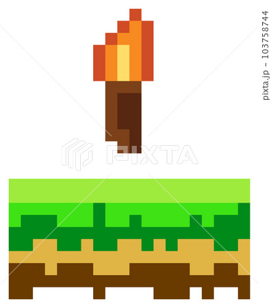 Vector pixel torch. Pixel art 8-bit. Illustration of pixelated object with fire on white background Vector pixel torch. Pixel art 8-bit. Illustration of pixelated object with fire on white background 103758744