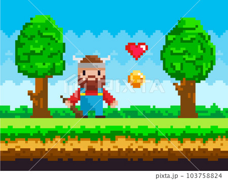 Viking wearing horned hat collects hearts and coins. Pixelated personage with weapon ready to figh 103758824