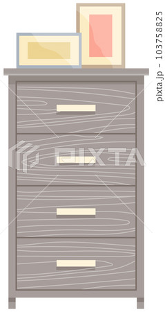 Wooden commode with drawers isolated on white background. Photo frames with pictures on closet Wooden commode with drawers isolated on white background. Photo frames with pictures on closet 103758825