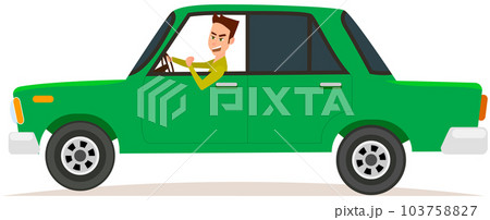 Lada, sedan, passenger car with screaming driver. Angry man driving green car vector illustration Lada, sedan, passenger car with screaming driver. Angry man driving green car vector illustration 103758827