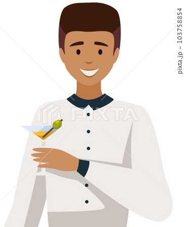 . Male character isolated on white background. Guy standing with martini in glass and olive 103758854