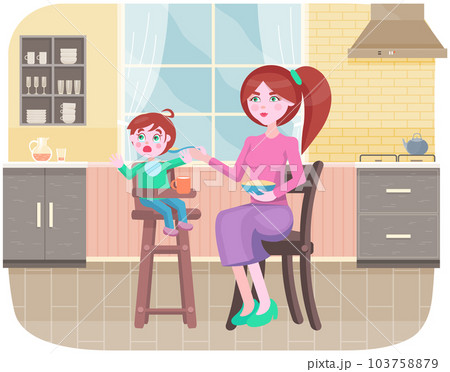 Mother feeding her little daughter sitting in high chair in kitchen. Woman gives her child porridge 103758879