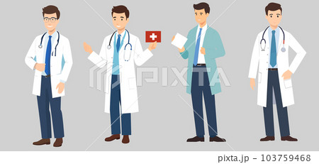 Doctors in white coats one holding a red cross and the other holding a folder flat design vector Doctors in white coats one holding a red cross and the other holding a folder flat design vector 103759468