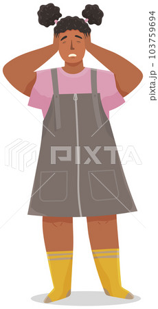 Sad small girl standing and closed her eyes and covers her ears with her hands, scared stress kid Sad small girl standing and closed her eyes and covers her ears with her hands, scared stress kid 103759694