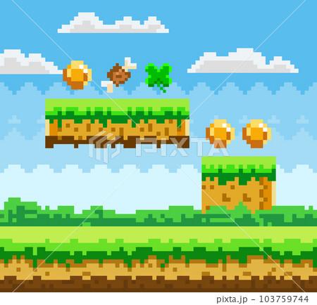 Pixel-game scene with grass, ground platforms and awards for player golden coins, meat bone and leaf 103759744