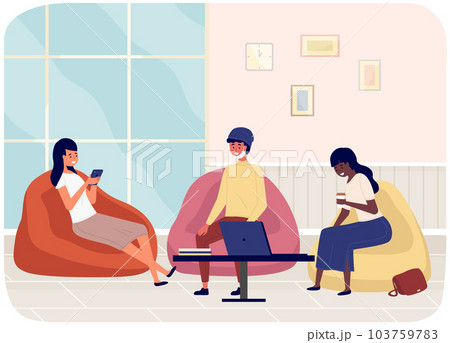 Girls and man in protective medical face mask talking during quarantine, sitting at home or office Girls and man in protective medical face mask talking during quarantine, sitting at home or office 103759783