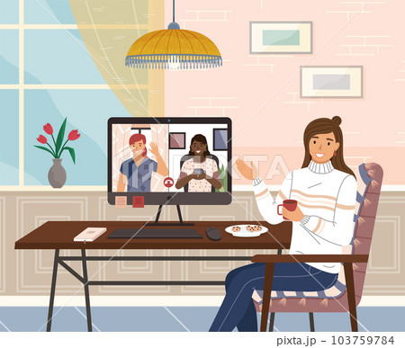 Friends talking to each other via video call, online conference. Girl communicating with girlfriends Friends talking to each other via video call, online conference. Girl communicating with girlfriends 103759784