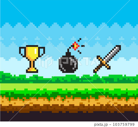 Pixel game scene with green grass and valuable awards bomb with wick, gold goblet and steel sword Pixel game scene with green grass and valuable awards bomb with wick, gold goblet and steel sword 103759799