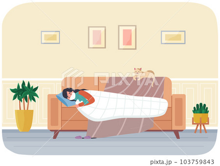 Female character having cold and lying on sofa. Masked woman is sick stay at home with her cat 103759843