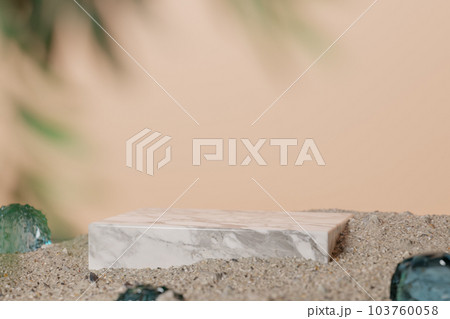 Marble stone plate cosmetic podium. Product setting podium, stone marble counter on beige wall. Object placement. background for beauty, organic, health, cosmetic, product display. 3d illustration Marble stone plate cosmetic podium. Product setting podium, stone marble counter on beige wall. Object placement. background for beauty, organic, health, cosmetic, product display. 3d illustration 103760058