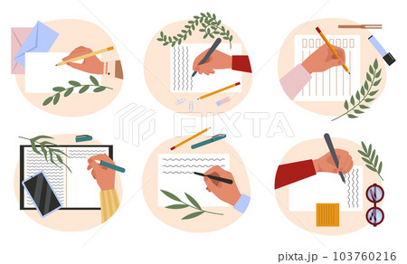 Hands holding pen and making note. Person writing or painting. Diary plan. Paper document. Paintbrush and palette. Office desk top view. 103760216