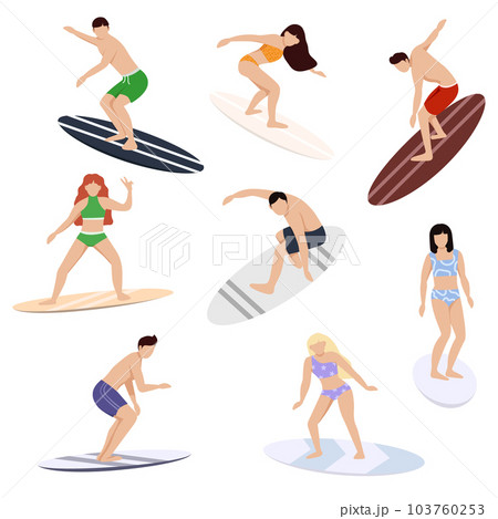 Surfers characters. People on boards dissect sea and ocean waves, beach sport, extreme athletes. Collection of cute funny people in swimwear surfing in sea or ocean. 103760253