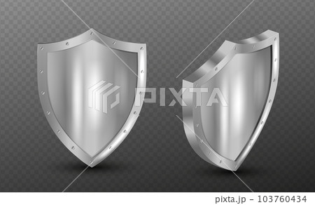 Metal shield with frame realistic vector illustration. Collection of military armor in front, side view isolated on transparent background. Blank silver steel metallic panel Metal shield with frame realistic vector illustration. Collection of military armor in front, side view isolated on transparent background. Blank silver steel metallic panel 103760434