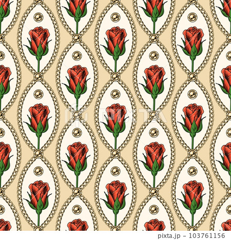 Seamless geometric pattern with buds of red roses, golden beads, jewelry gold chains. For wedding, engagement event, Valentines Day, gift, holiday decoration, wrapping paper design 103761156