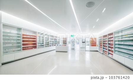 Modern interior of a large, spacious, empty light pharmacy. Generative AI. 103761420