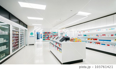 Modern interior of a large, spacious, empty light pharmacy. Generative AI. 103761421