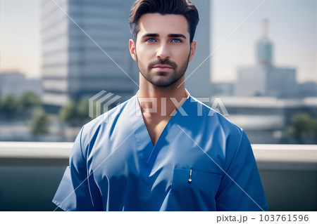 Portrait of handsome young muscular therapist with black nice hairstyle near a hospital in a big city wearing blue uniform. Generative AI. 103761596