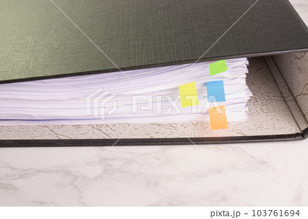 white paper stack in folder file for a business contract, income, expenses white paper stack in folder file for a business contract, income, expenses 103761694
