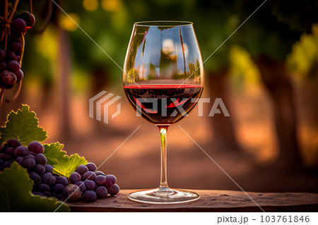 Glass of red wine with vine branches in vineyard. 103761846