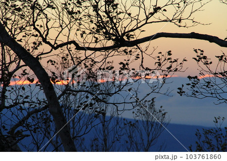 木の枝越しに見る屈斜路湖の日の出直前、津別峠から見る 木の枝越しに見る屈斜路湖の日の出直前、津別峠から見る 103761860