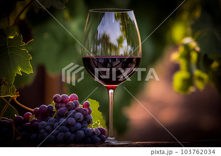 Glass of red wine with vine branches in vineyard. 103762034