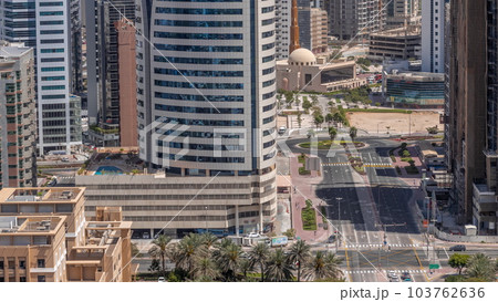 Skyscrapers in Barsha Heights district and low rise buildings in Greens district aerial timelapse. Dubai skyline Skyscrapers in Barsha Heights district and low rise buildings in Greens district aerial timelapse. Dubai skyline 103762636