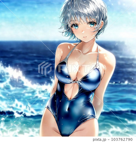 アニメスタイル 水着 女性キャラクター 絵画 女の子 女子 女性 水着 ショートカット 海 空 銀髪 のイラスト素材