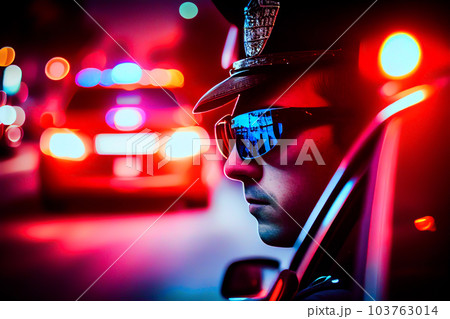 Police officer with Police lights in New York.  103763014