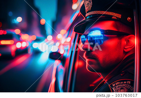 Police officer with Police lights in New York.  103763017