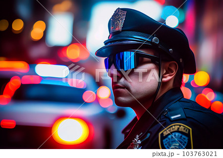 Police officer with Police lights in New York.  103763021