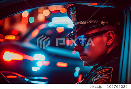 Police officer with Police lights in New York.  103763022