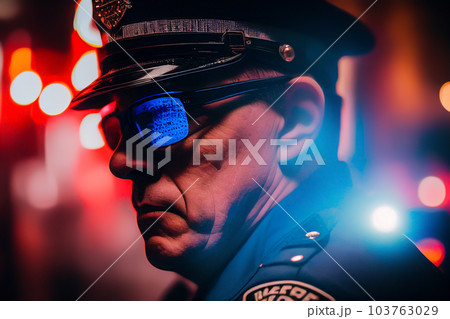 Police officer with Police lights in New York.  103763029