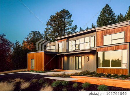 Prefab house on sunset. Modern Suburban Modular house construction.  103763046