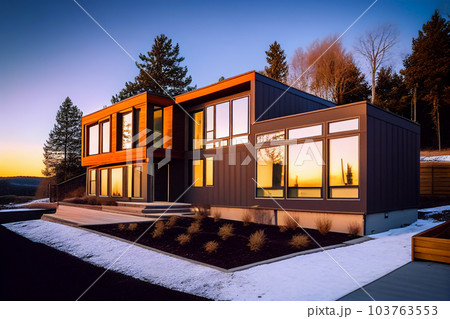 Prefab house on sunset. Modern Suburban Modular house construction. Prefab house on sunset. Modern Suburban Modular house construction. 103763553