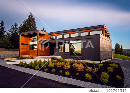 Prefab house on sunset. Modern Suburban Modular house construction. 103763555