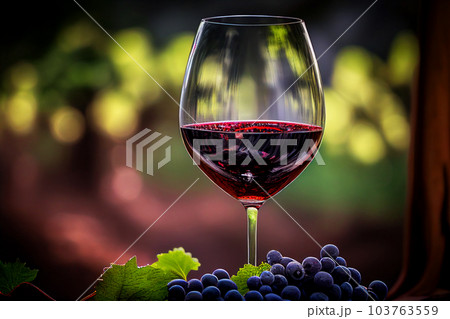 Glass of red wine with vine branches in vineyard. 103763559