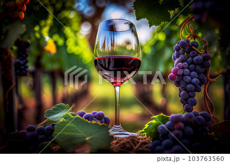 Glass of red wine with vine branches in vineyard. 103763560