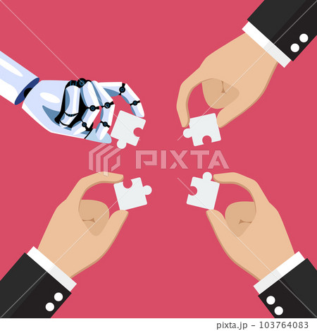 Businessmen and AI robot insert jigsaw pieces together Businessmen and AI robot insert jigsaw pieces together 103764083