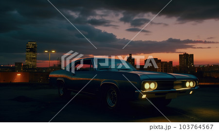 Vintage muscle car parked on the street at night. 80s styled synthwave retro scene with powerful drive in evening. Generated AI. 103764567
