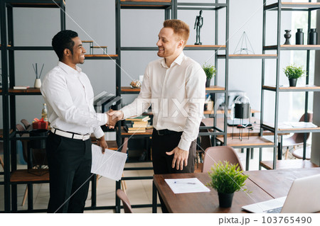 Side view of African American and Caucasian male colleagues wearing formalwear shaking hands and discussing business while standing at modern office workplace. 103765490