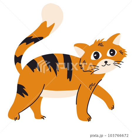 Ginger cat. Childish cute cat in simple scandinavian style. Lovely kitten. Funny friendly domestic animal, pet. Vector flat illustration isolated on the white background. 103766672