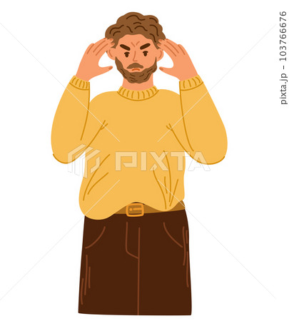 Young man thought. Upset discontented guy with frowned face. Angry anxious man with dissatisfied facial expression. Concept of thinking, decision, business problem. Flat vector illustration. 103766676
