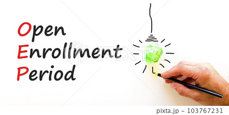 OEP symbol. Concept words OEP Open enrollment period on beautiful white paper. Light bulb icon. Beautiful white table white background. Medical and OEP Open enrollment period concept. Copy space. OEP symbol. Concept words OEP Open enrollment period on beautiful white paper. Light bulb icon. Beautiful white table white background. Medical and OEP Open enrollment period concept. Copy space. 103767231