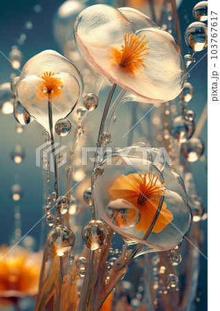 A Dreamy and Detailed Wallpaper Scene with Translucent Orange Water Flowers and Floating Bubbles A Dreamy and Detailed Wallpaper Scene with Translucent Orange Water Flowers and Floating Bubbles 103767617