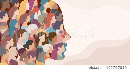 Woman face silhouette in profile with group of multicultural and multiethnic women faces inside.Concept of racial equality anti-racism and a woman who gives voice to other women. Allyship Woman face silhouette in profile with group of multicultural and multiethnic women faces inside.Concept of racial equality anti-racism and a woman who gives voice to other women. Allyship 103767819