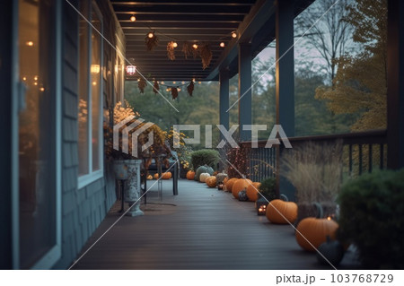 Halloween decoration in house porch and backyard 103768729