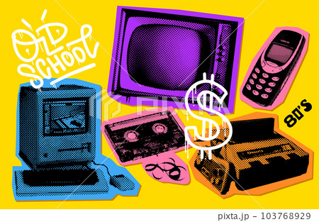 90s - Y2K Collage mouth set with grunge vintage electronic elements - mobile phone, tv, game console, music cassette. Halftone effect Vector illustration 103768929