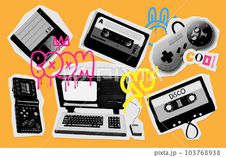 90s Retro electronics in halftone treatment. Collage elements in trendy dotted y2k style. Vector illustration with vintage grunge punk cutout shapes. Black grunge audio cassette, floppy disc, PC 103768938